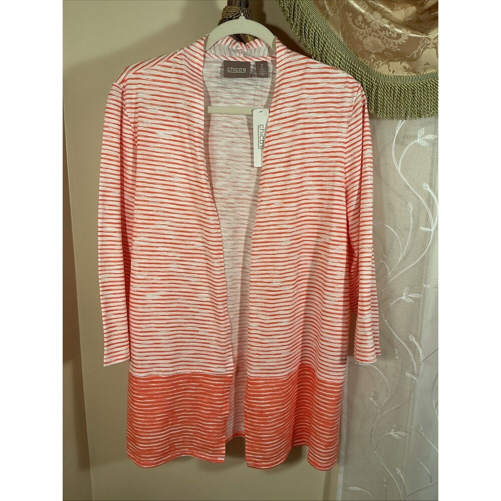 NWT Chico’s Women’s White & Coral Striped Open Front 3/4 Sleeve Knit Top Sz 2